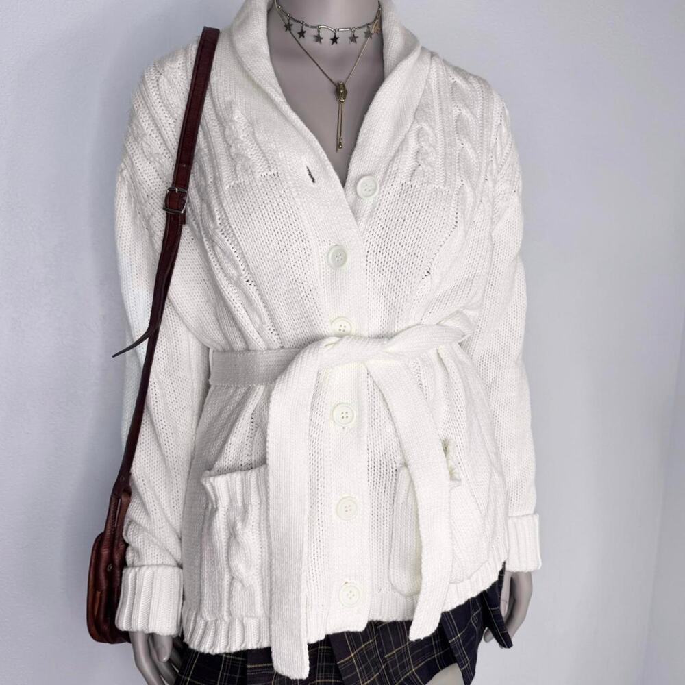 Vintage 70s Cream Cable Knit Belted Cardigan Sweater Grandpa Fisherman Style